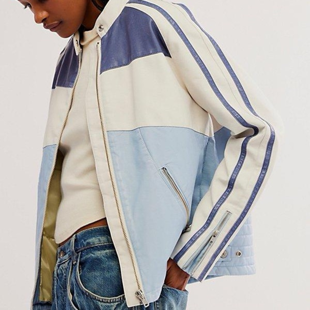 Free People Blue and White Leather Jacket
